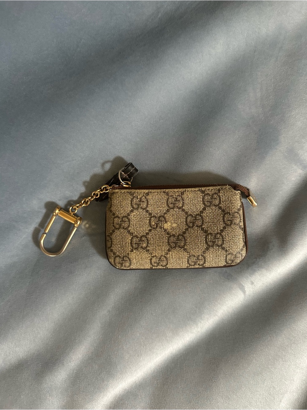 Gucci Beige/Brown GG Supreme Key Pouch with Gold Chain